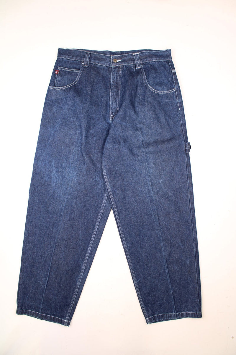 Vintage Phat Farm 90's style wide leg carpenter jeans in a dark wash denim. Features multiple pockets and embroidered logo on the back pocket