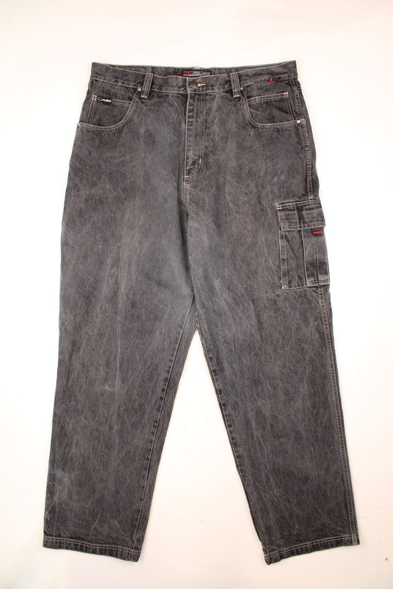 Faded black Fubu high waisted straight leg jeans with carpenter style pockets and embroidered logo on the back