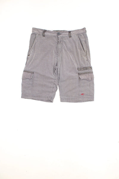 Vintage O'Neill Cargo Shorts in a grey and white striped colourway, has multiple pockets, and the logo embroidered on the front and back.
