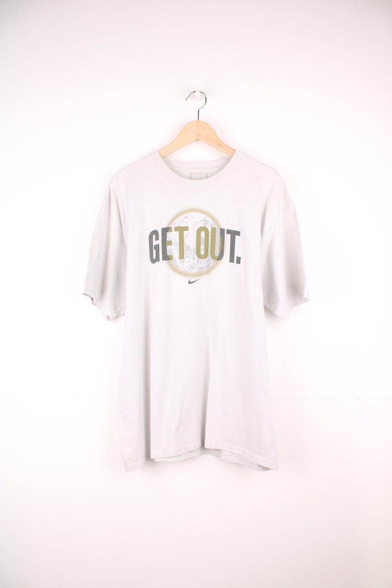 Nike Get Out It's A Big World Out There T-Shirt in a grey colourway with the logo and spell out printed on the front and back. 