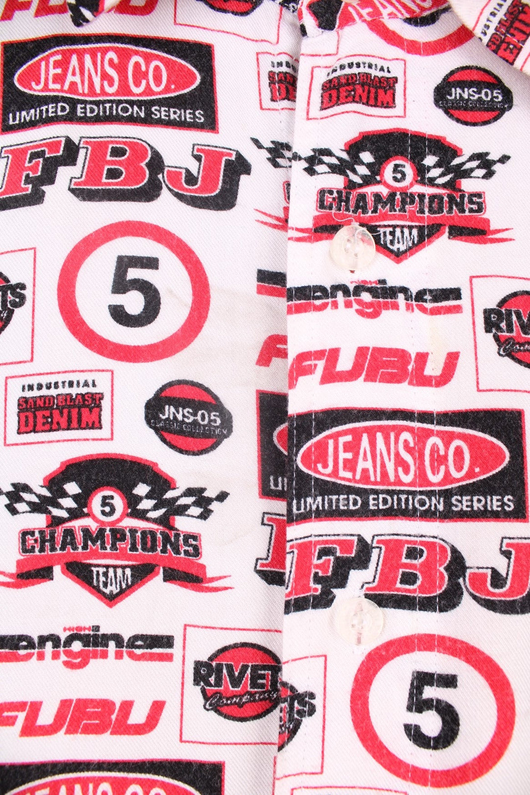 Y2K Fubu Logo Shirt in a white, red and black colourway, button up, has a chest pocket and different logo designs printed all over. 