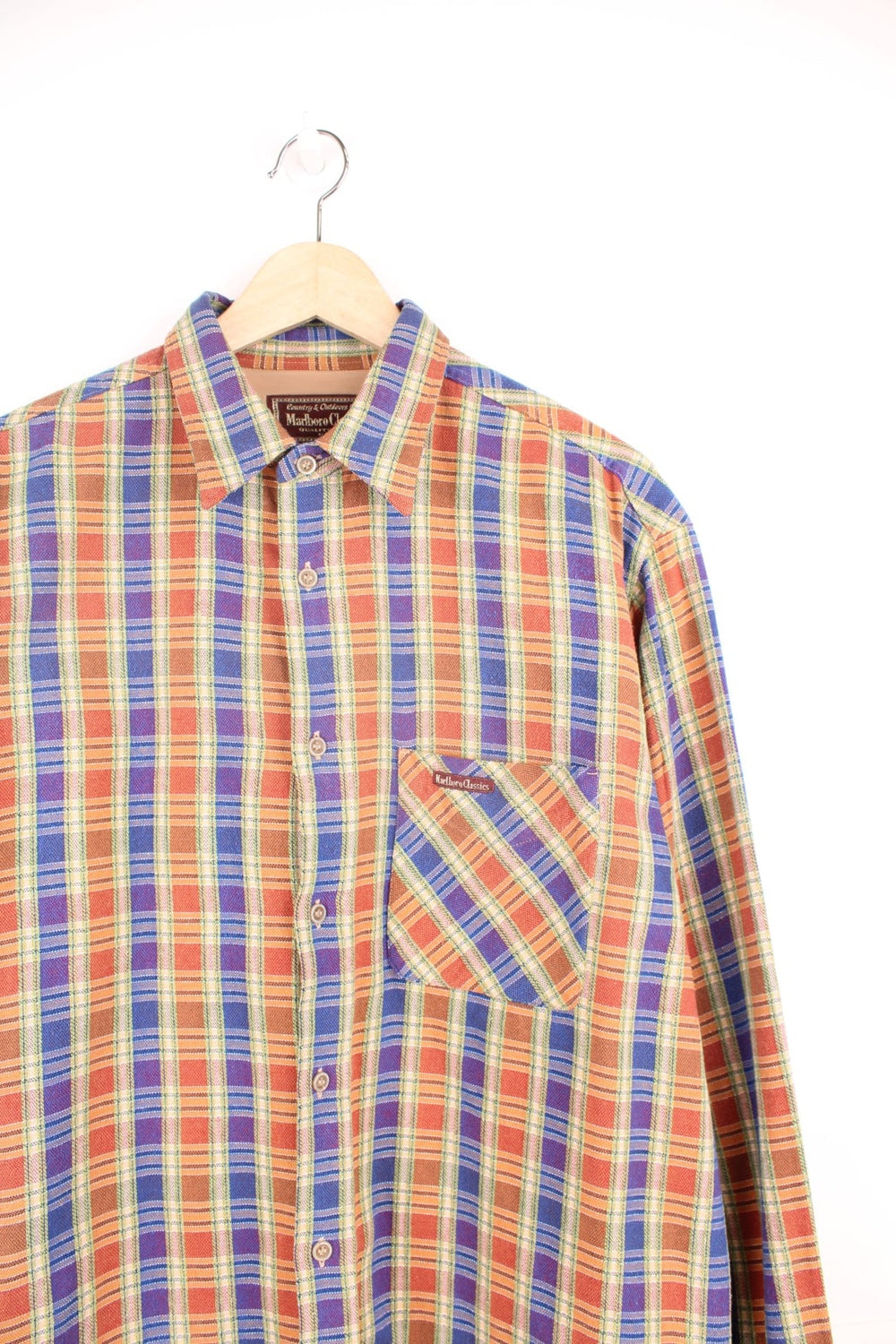 Vintage Marlboro Classics Plaid Shirt in a orange, green and blue/purple colourway, button up, has a chest pockets with the logo embroidered on it.