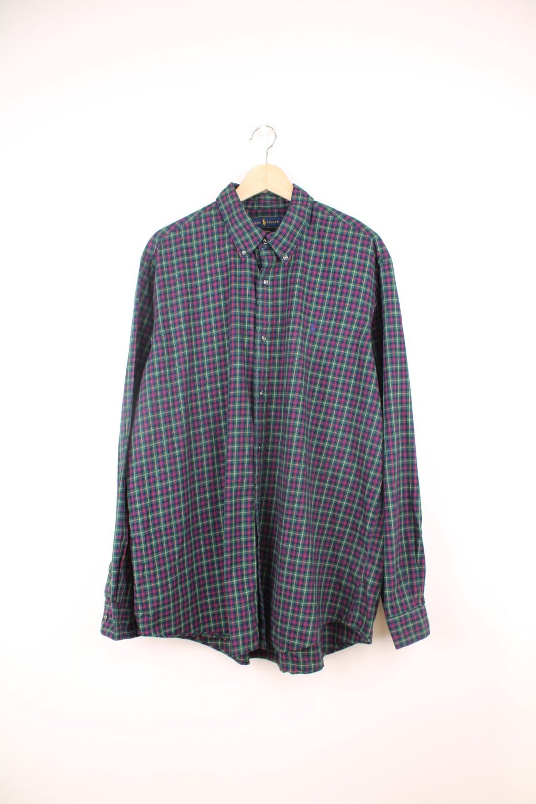 Ralph Lauren Shirt in a green, red, blue and yellow colourway, button up and has the logo embroidered on the front. 