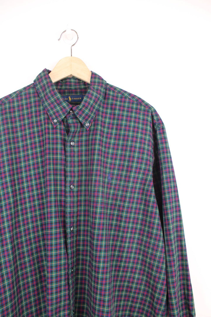 Ralph Lauren Shirt in a green, red, blue and yellow colourway, button up and has the logo embroidered on the front. 