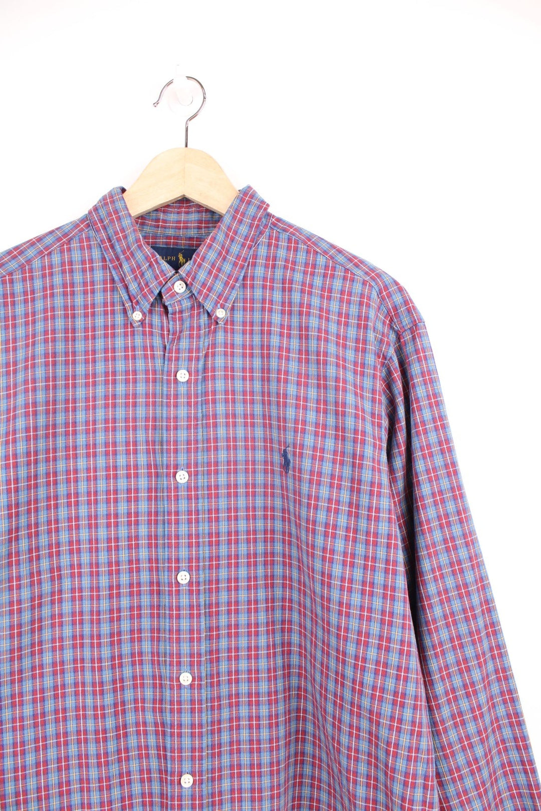 Ralph Lauren Shirt in a blue, red and yellow plaid colourway, button up with the logo embroidered on the front. 