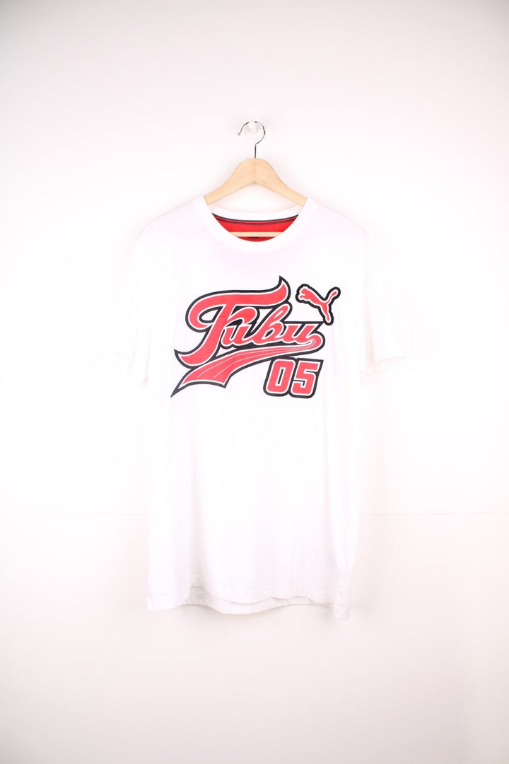 Vintage Fubu x Puma T-Shirt in a white colourway with the logo embroidered across the front in red and black.