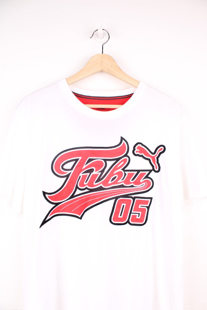 Vintage Fubu x Puma T-Shirt in a white colourway with the logo embroidered across the front in red and black.