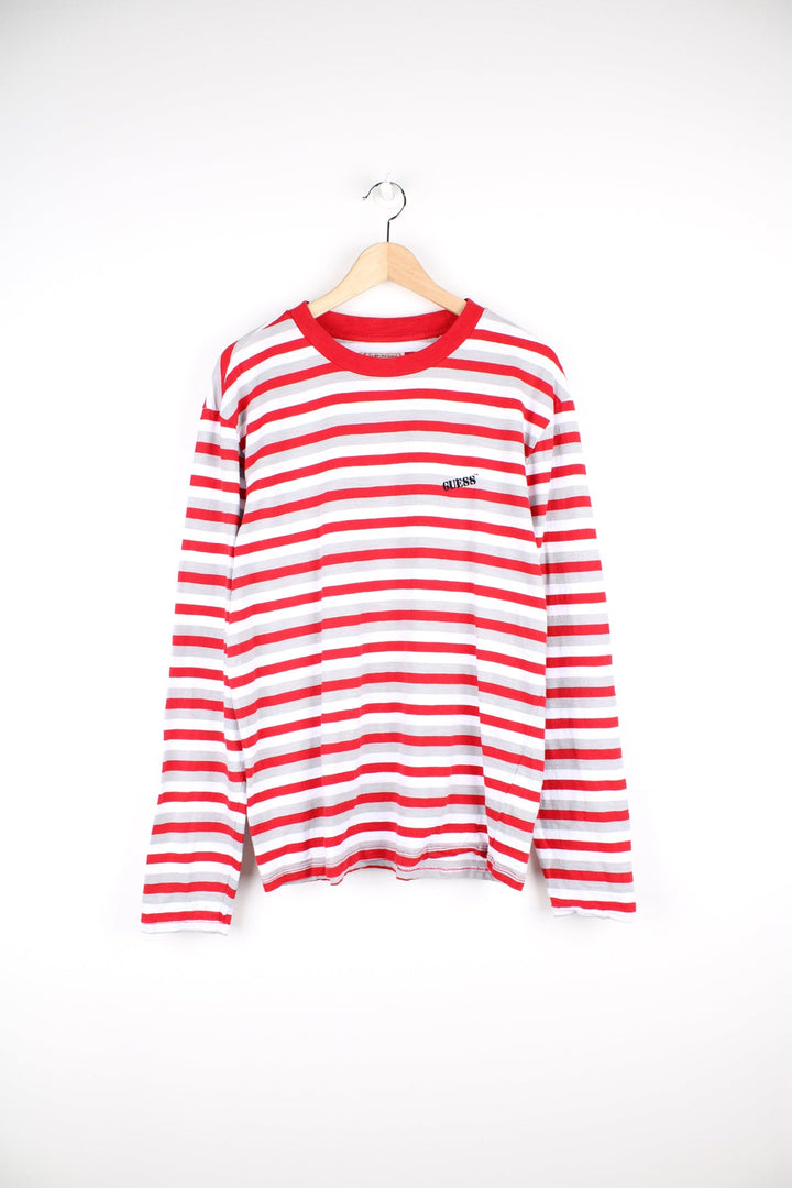 Guess Originals ASAP Rocky striped long-sleeved T-Shirt in red, grey and white. Features embroidered logo on the chest.