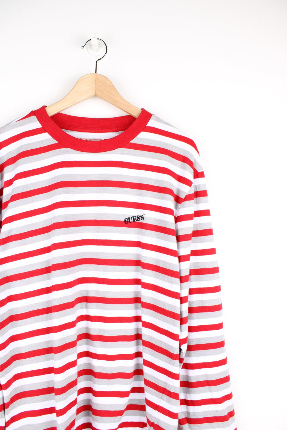 Guess Originals ASAP Rocky striped long-sleeved T-Shirt in red, grey and white. Features embroidered logo on the chest.