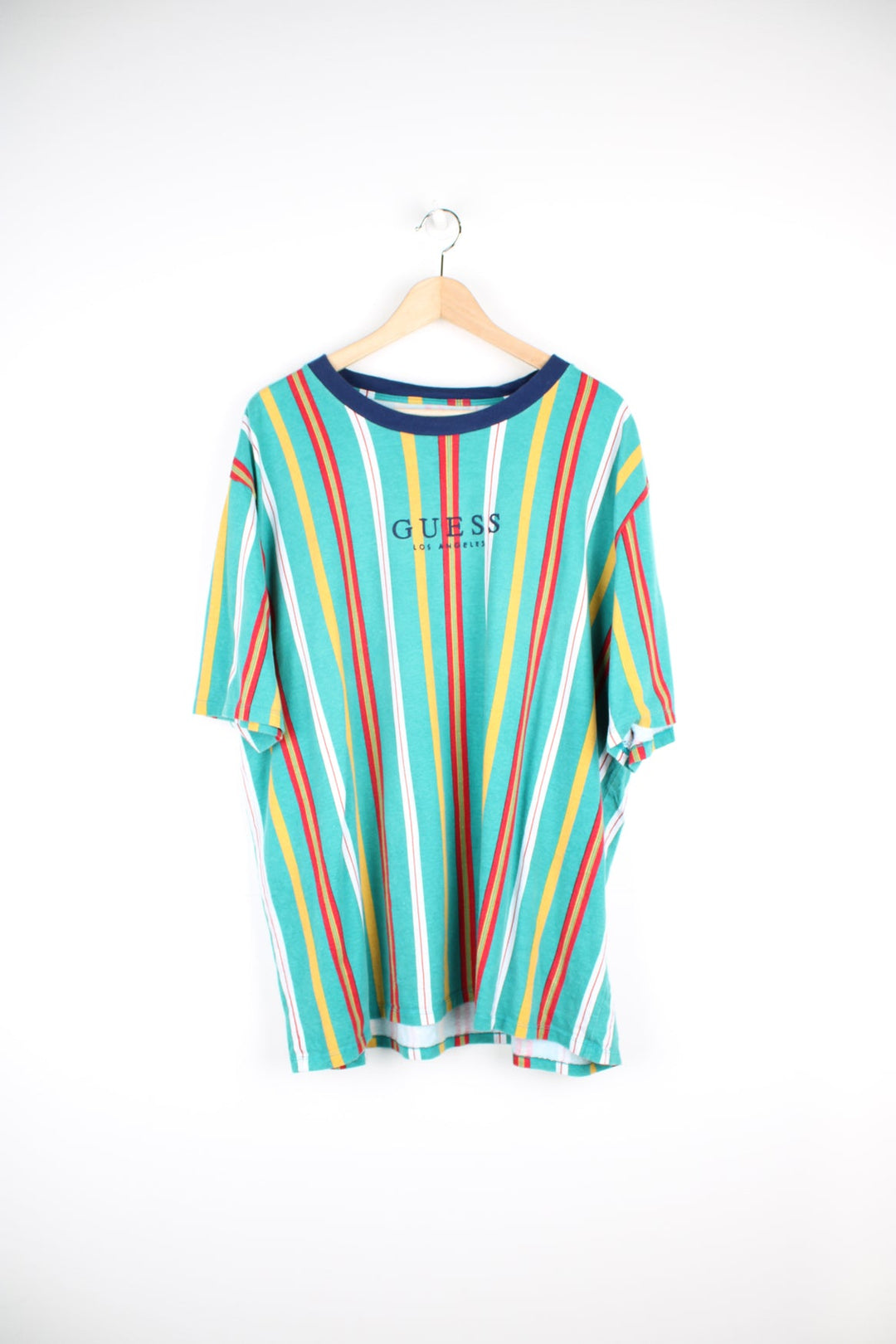 Guess Originals Los Angeles striped T-Shirt in green, yellow and red. Features embroidered logo across the chest.