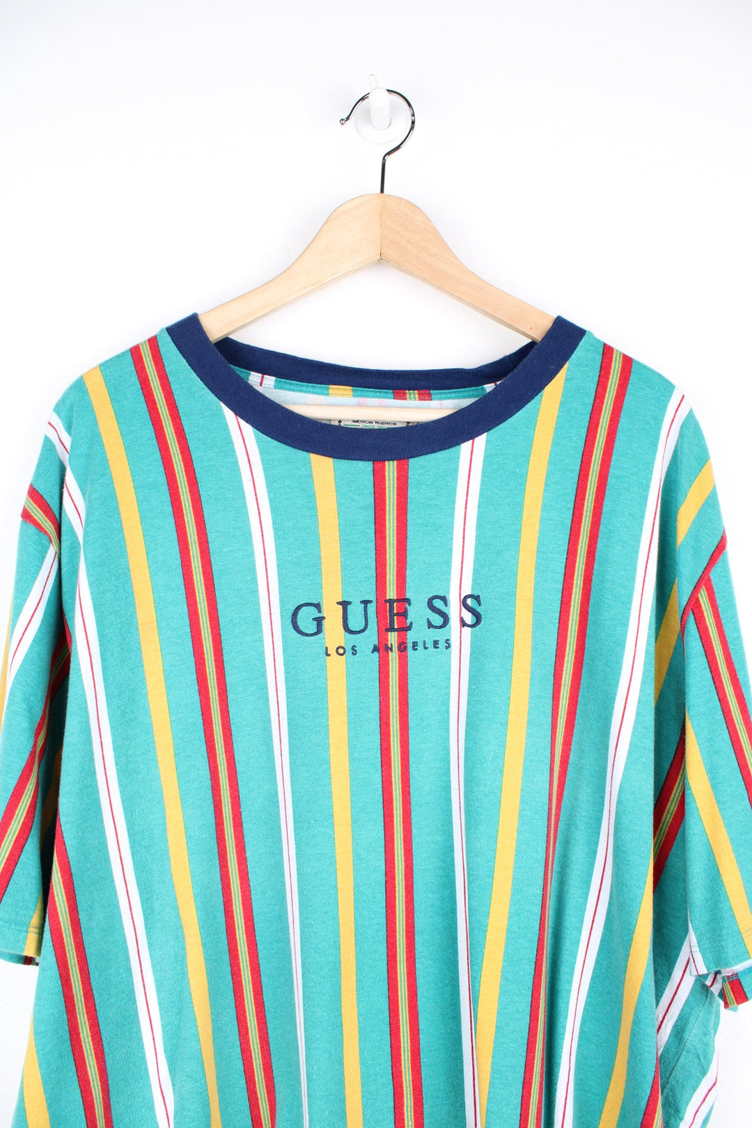 Guess Originals Los Angeles striped T-Shirt in green, yellow and red. Features embroidered logo across the chest.