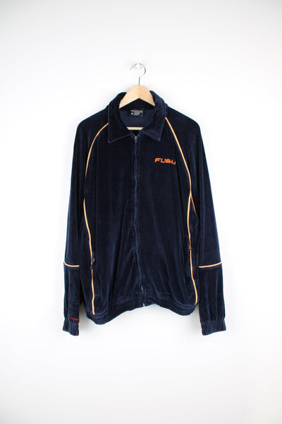 Vintage FUBU zip through velour tracksuit jacket with orange embroidered logo and piping.