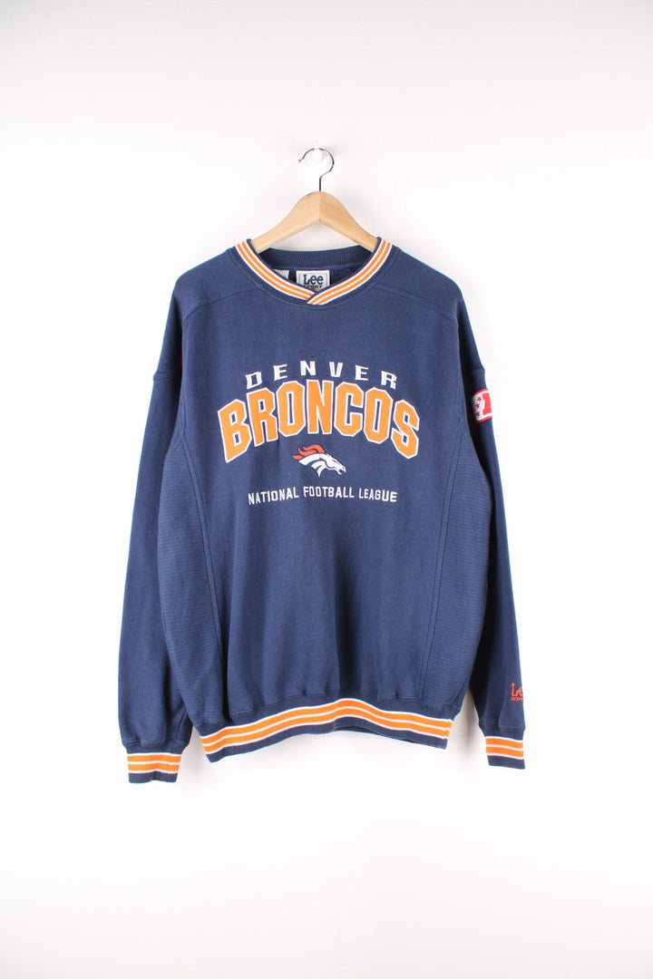 Denver Bronocs NFL Reebok Sweatshirt in a blue colourway with the logo and spell out embroidered on the front.