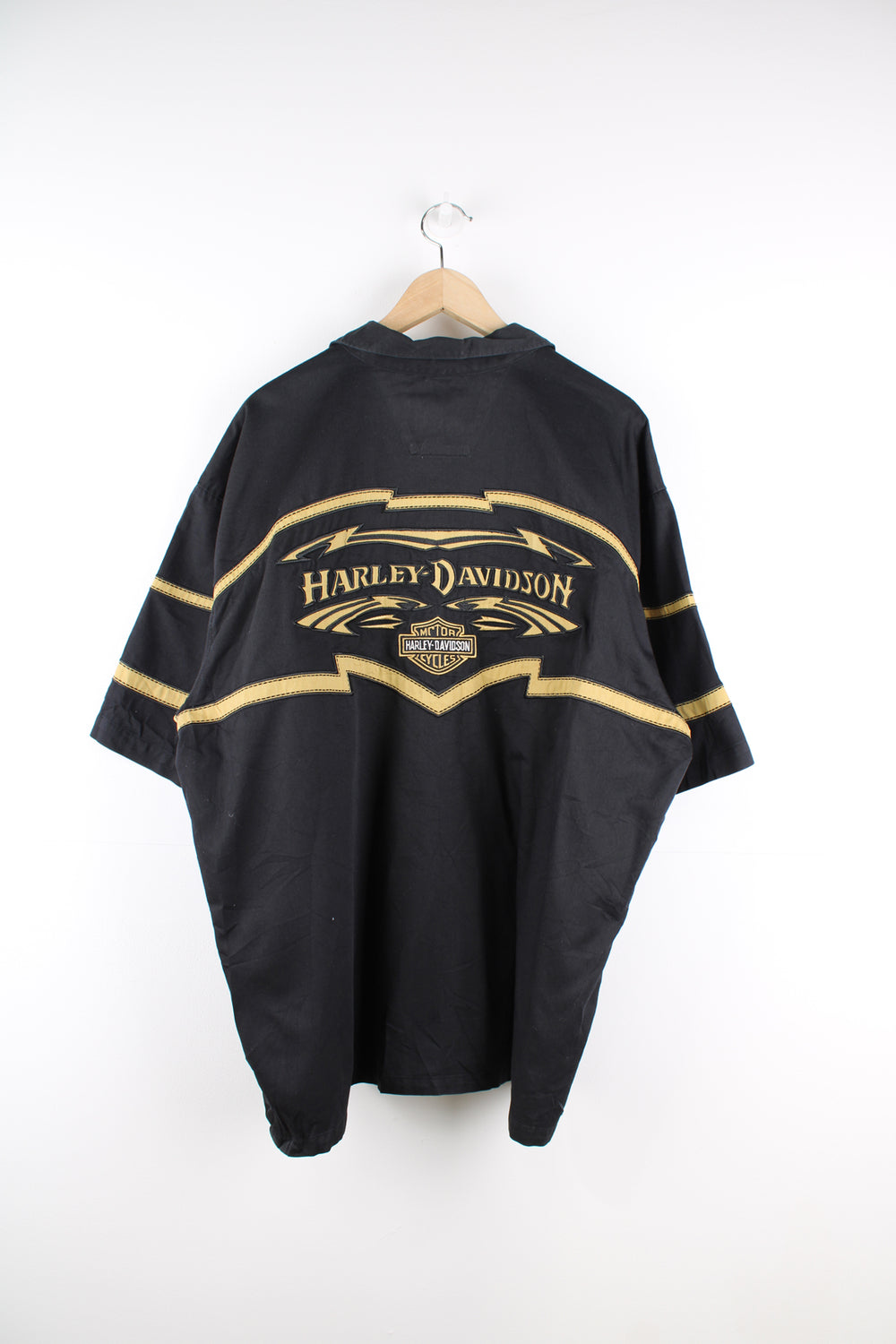 Harley-Davidson black and gold short sleeve cotton shirt, with large embroidered motif on the front and back 