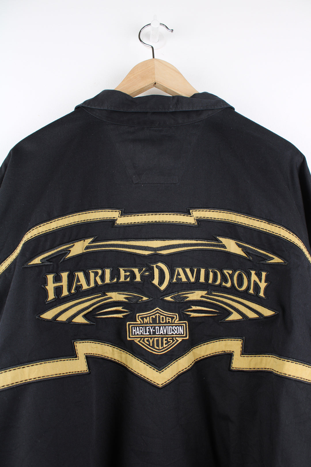 Harley-Davidson black and gold short sleeve cotton shirt, with large embroidered motif on the front and back 