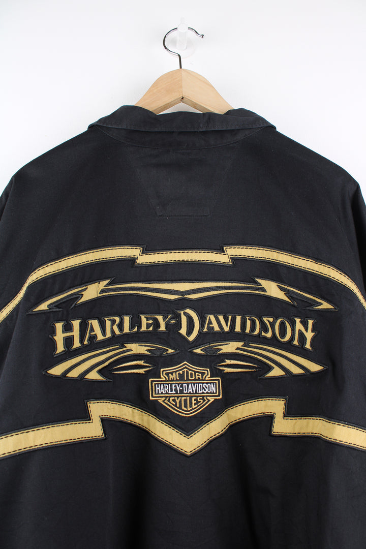 Harley-Davidson black and gold short sleeve cotton shirt, with large embroidered motif on the front and back 