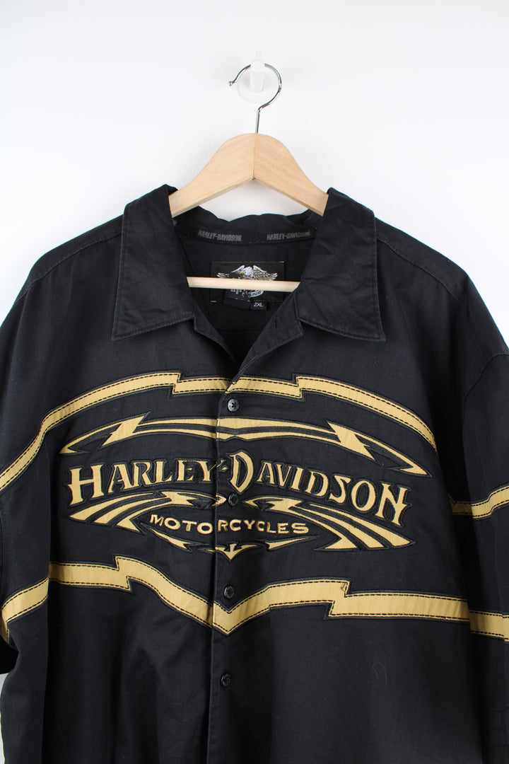 Harley-Davidson black and gold short sleeve cotton shirt, with large embroidered motif on the front and back 