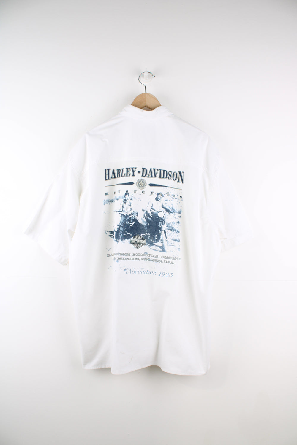 Harley-Davidson all white button up short sleeved shirt with printed vintage style photograph on the back