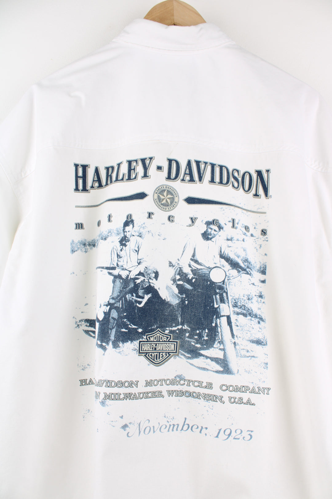 Harley-Davidson all white button up short sleeved shirt with printed vintage style photograph on the back