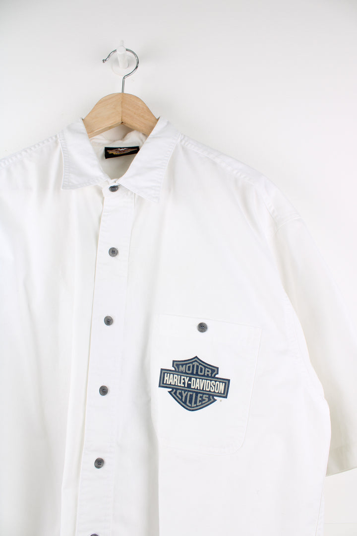 Harley-Davidson all white button up short sleeved shirt with printed vintage style photograph on the back