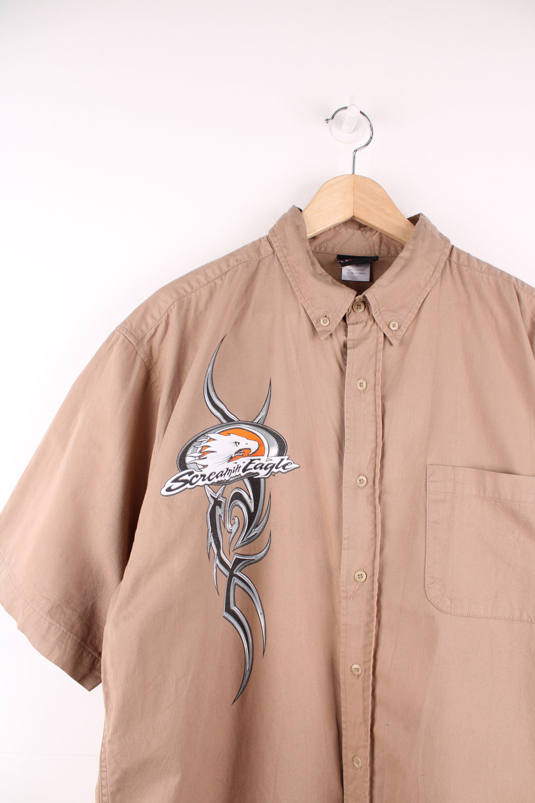 Harley-Davidson 'Screamin' Eagle' brown cotton button up shirt with tattoo style graphic on the chest  