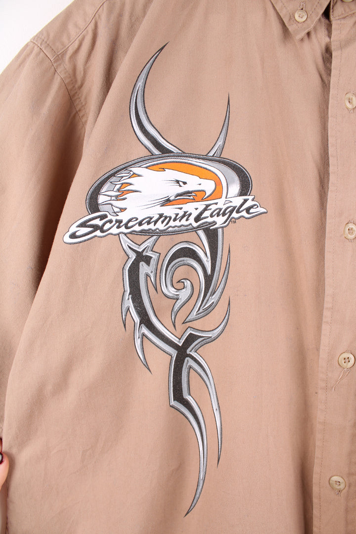 Harley-Davidson 'Screamin' Eagle' brown cotton button up shirt with tattoo style graphic on the chest  