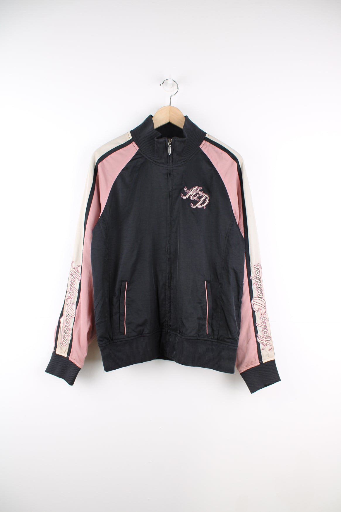 Harley-Davidson black and pink nylon zip through jacket with embroidered &