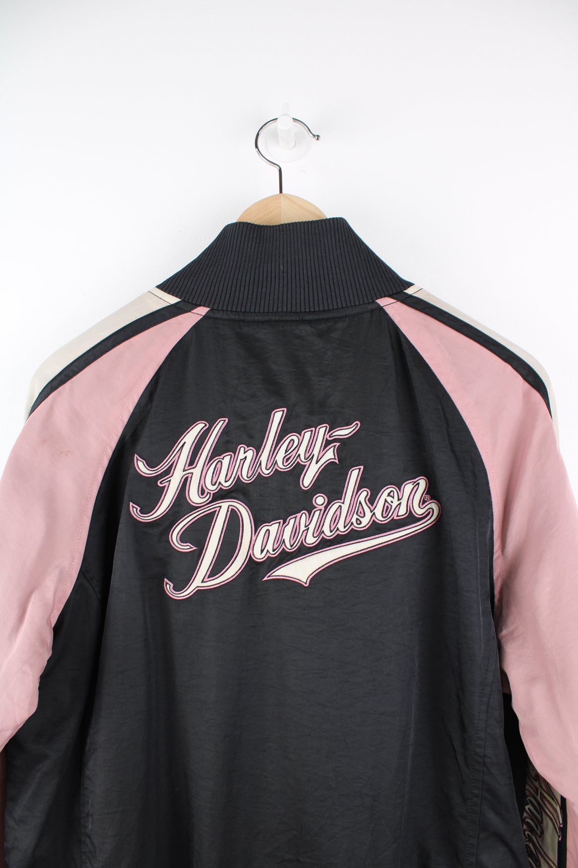 Harley-Davidson black and pink nylon zip through jacket with embroidered &