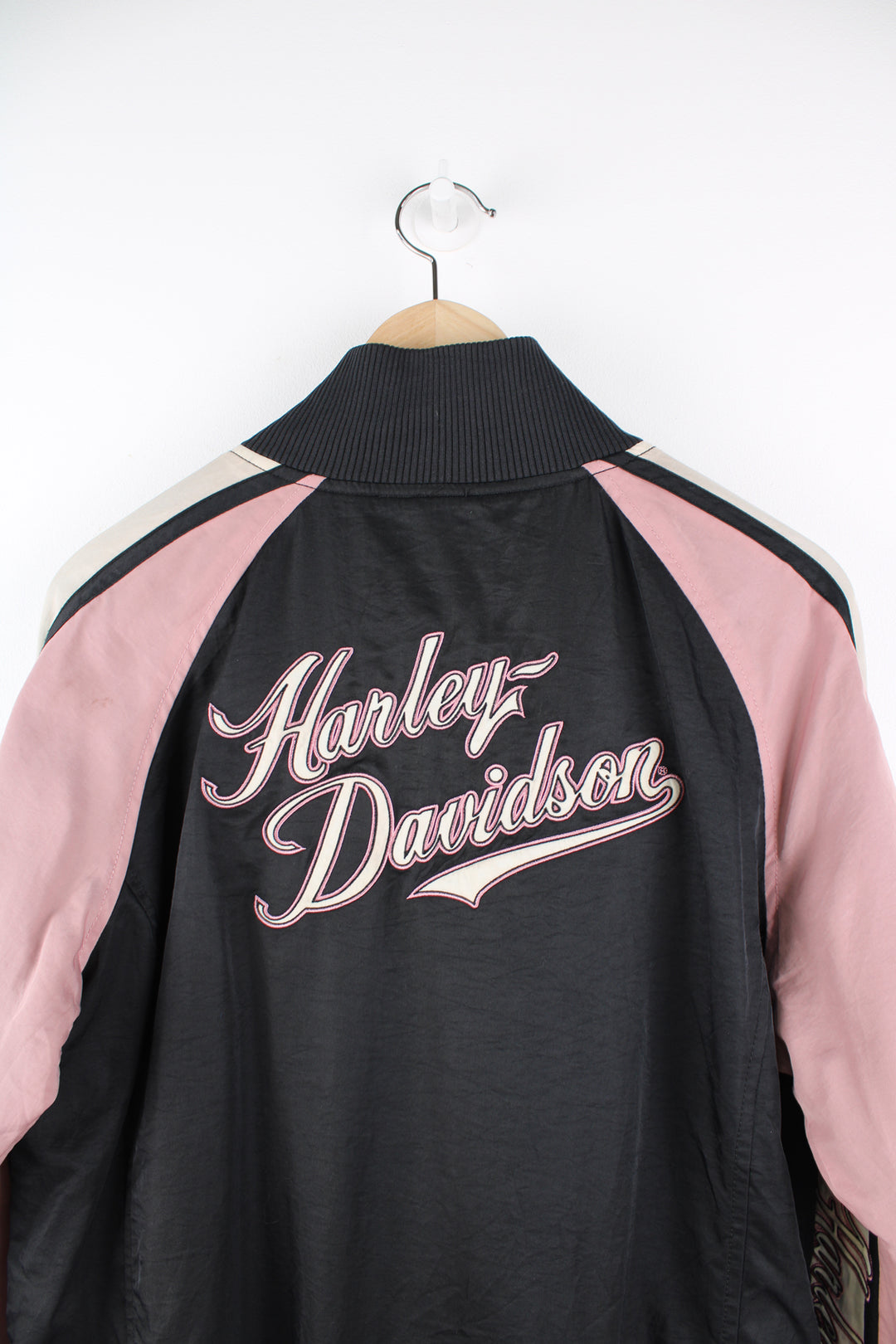 Harley-Davidson black and pink nylon zip through jacket with embroidered 'Harley Davidson' spell-out on the chest, back and sleeve