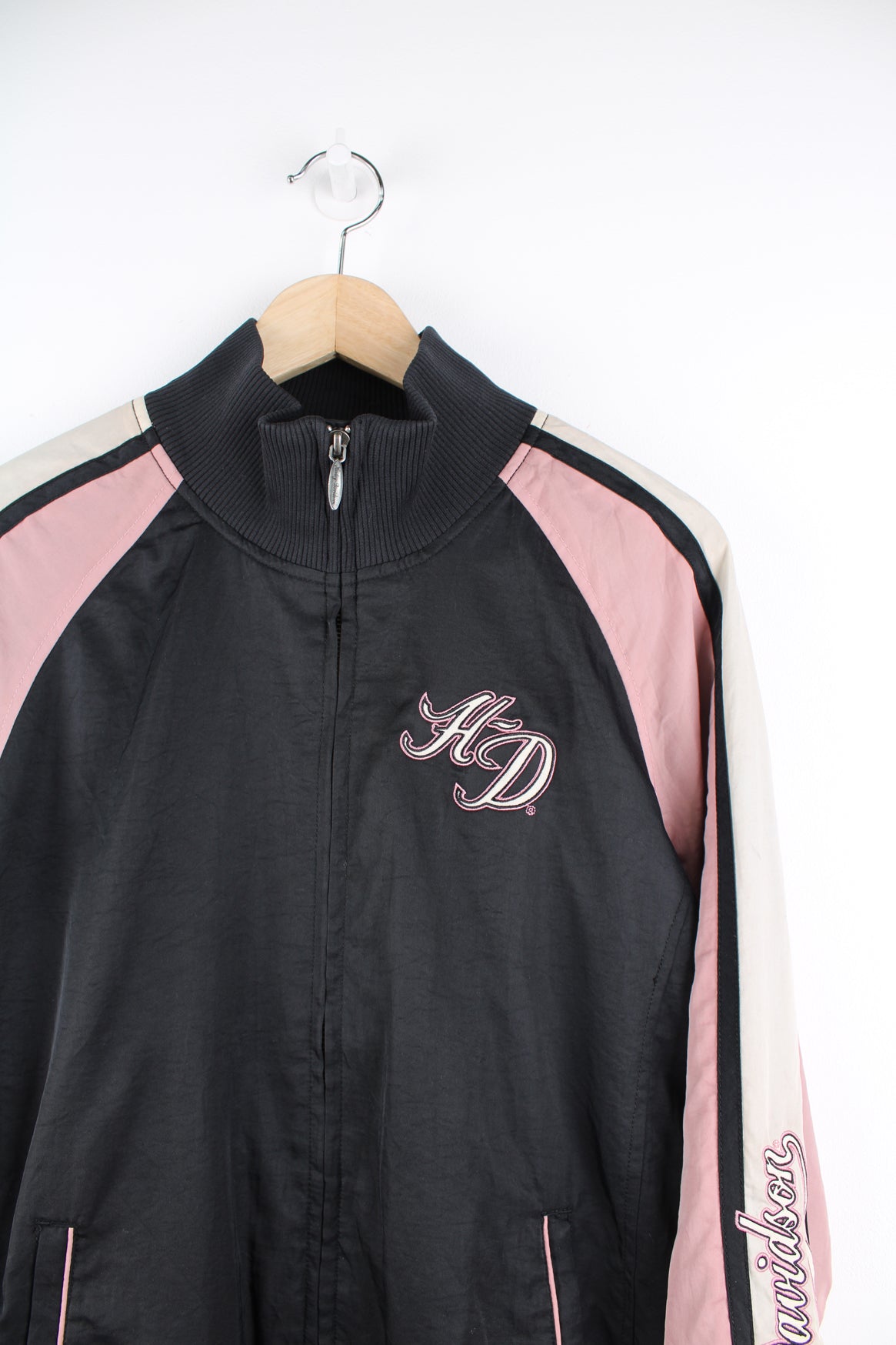 Harley-Davidson black and pink nylon zip through jacket with embroidered &