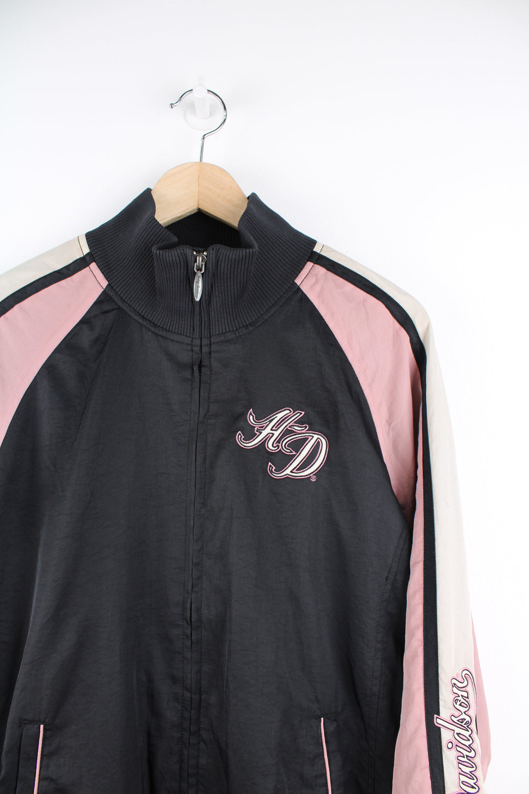 Harley-Davidson black and pink nylon zip through jacket with embroidered 'Harley Davidson' spell-out on the chest, back and sleeve