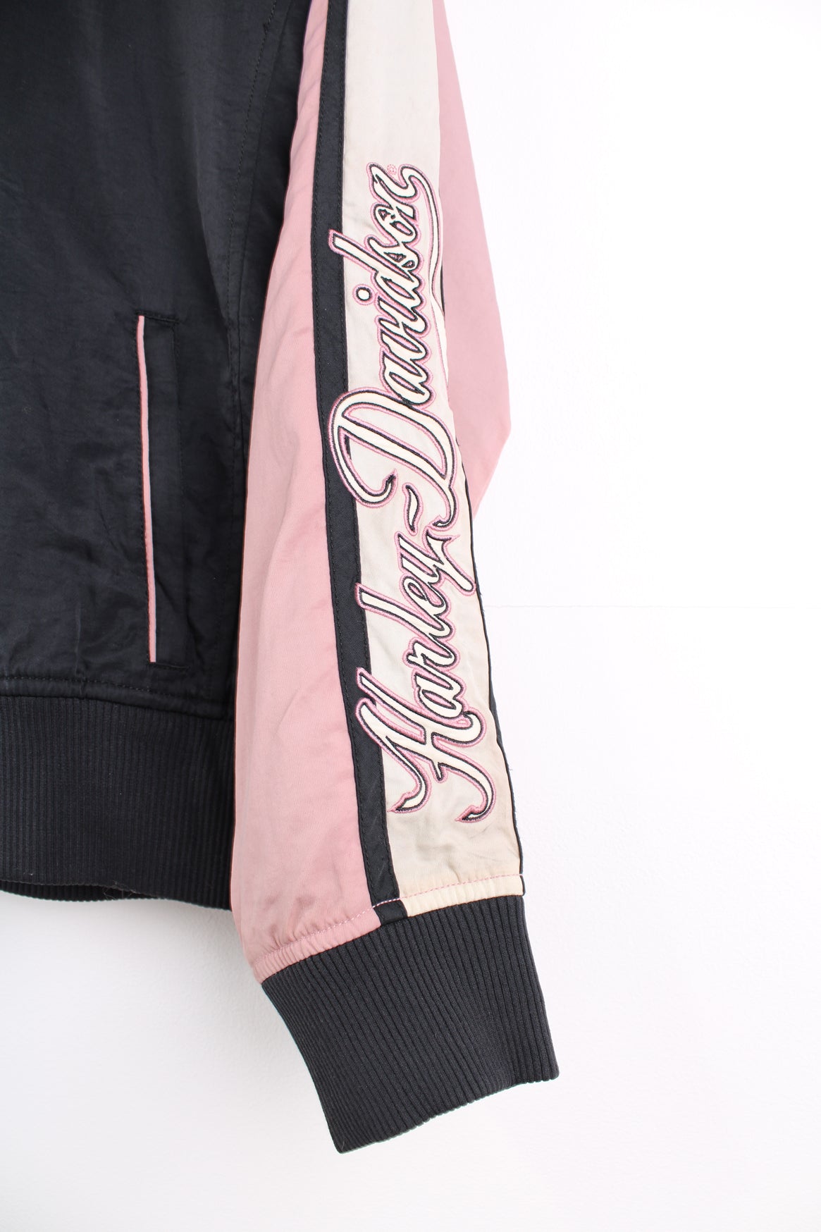 Harley-Davidson black and pink nylon zip through jacket with embroidered &