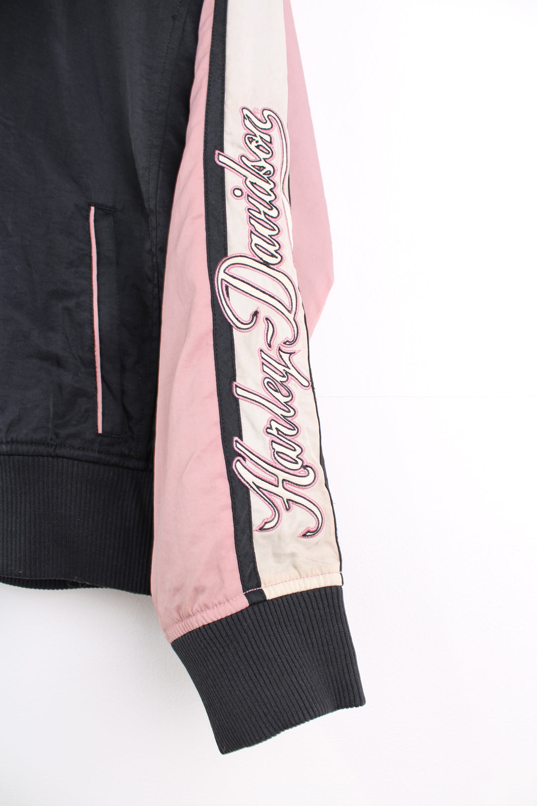 Harley-Davidson black and pink nylon zip through jacket with embroidered 'Harley Davidson' spell-out on the chest, back and sleeve