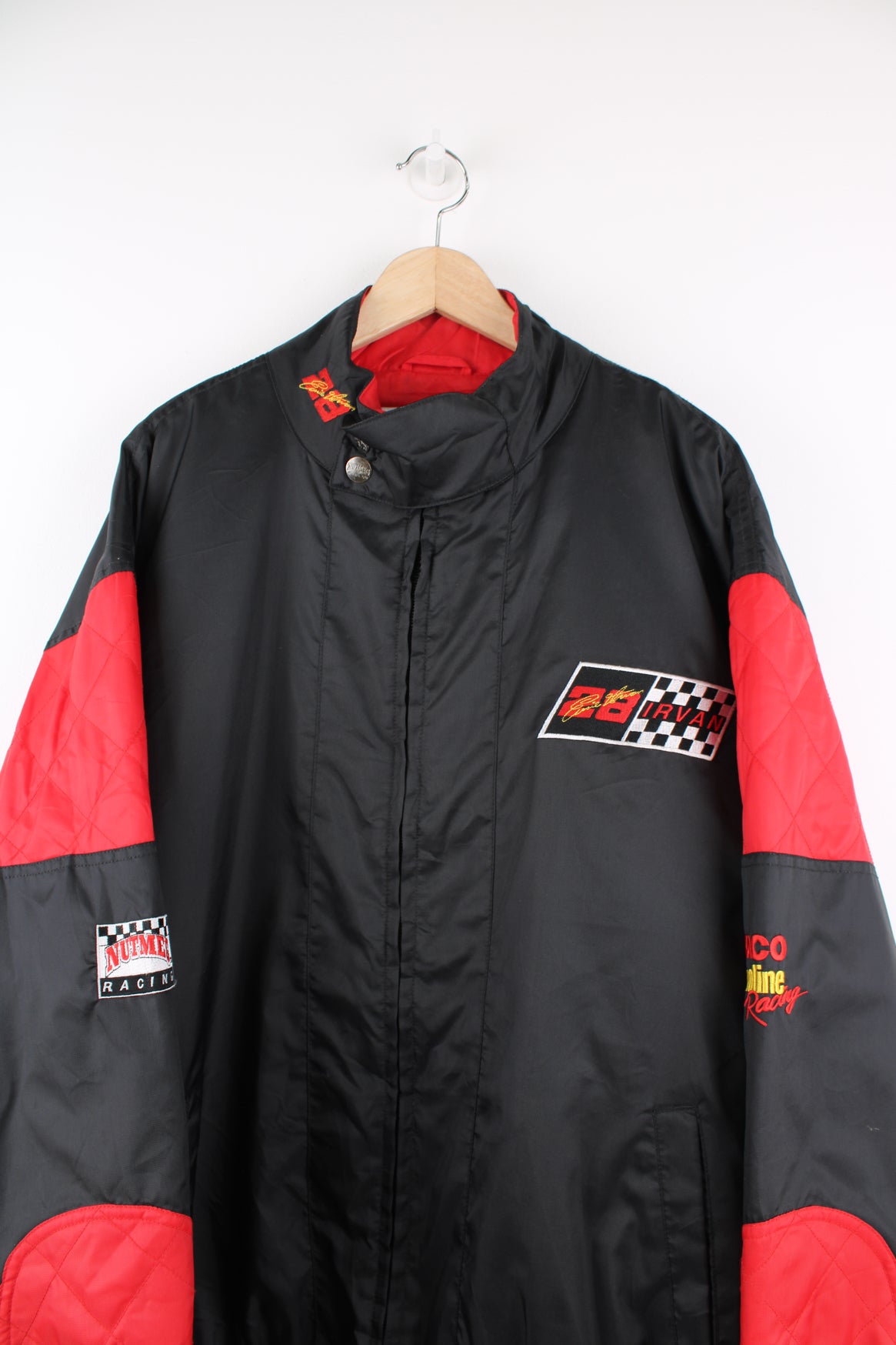 Vintage 90s Ernie Irvin nylon racing jacket by Nutmeg with Texaco Havoline branding on the sleeve and embroidered spell-out detail on the back 