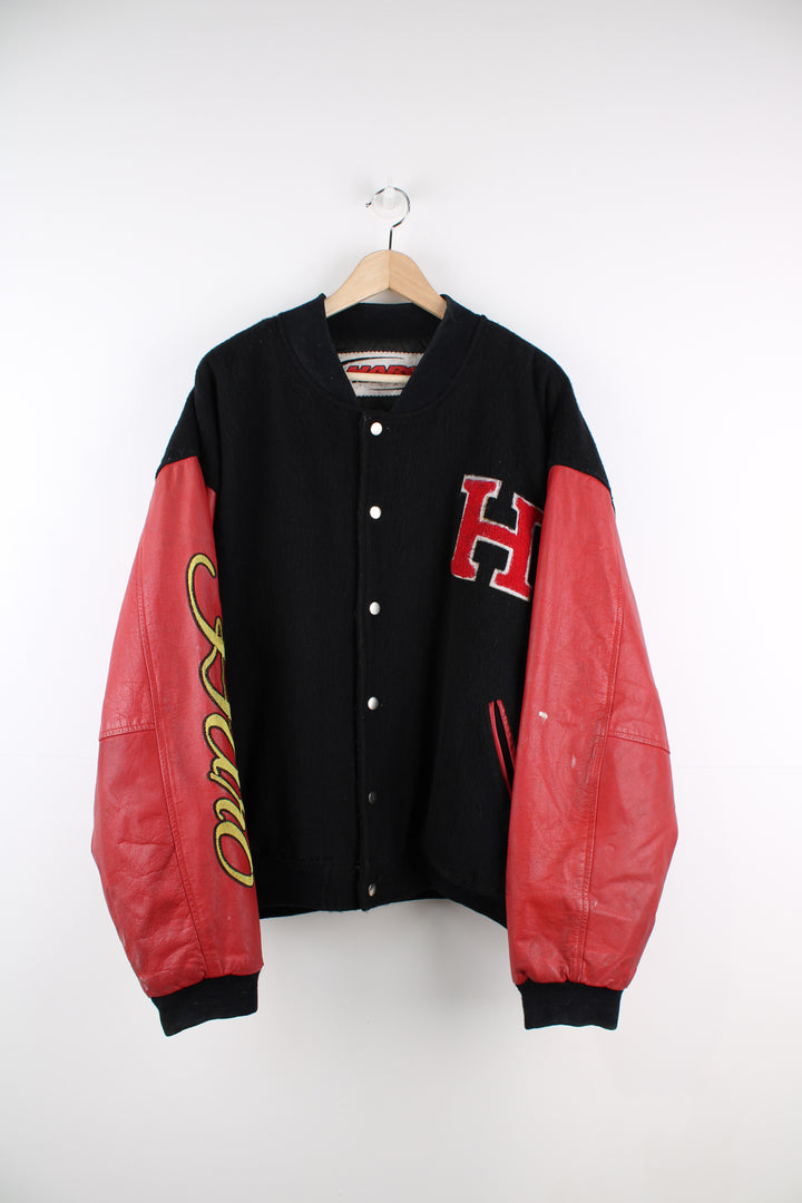 Vintage HARO BMX Bikes, black wool embroidered varsity jacket with red leather sleeves, features spell-out embroidery on the sleeve, chest and back of jacket