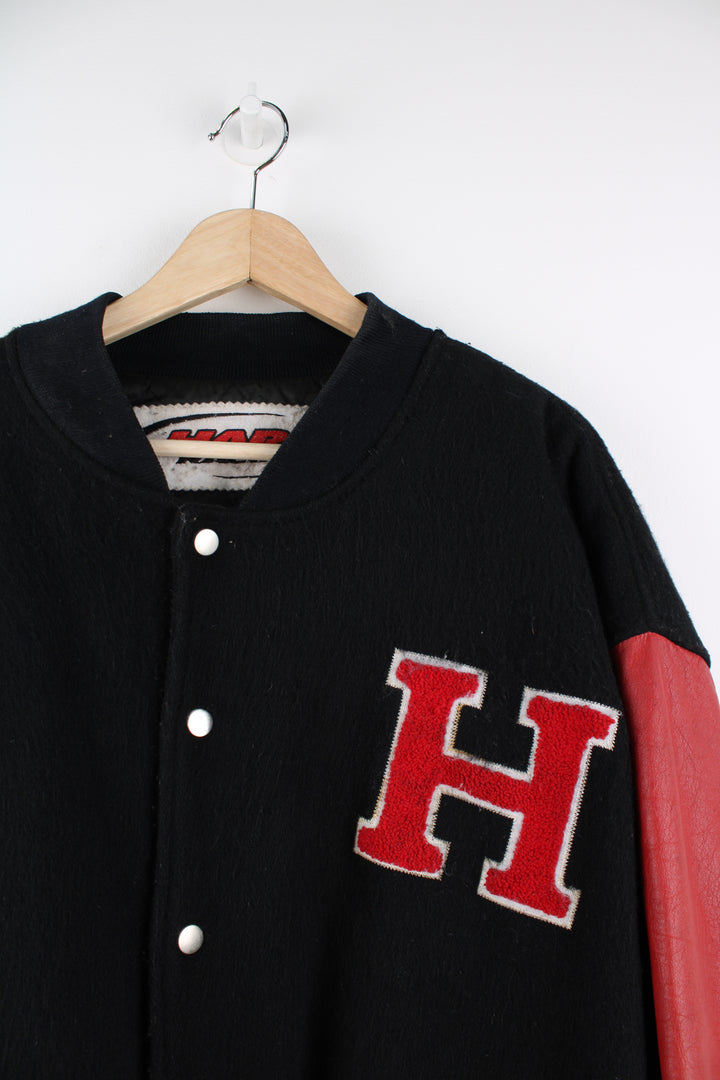 Vintage HARO BMX Bikes, black wool embroidered varsity jacket with red leather sleeves, features spell-out embroidery on the sleeve, chest and back of jacket