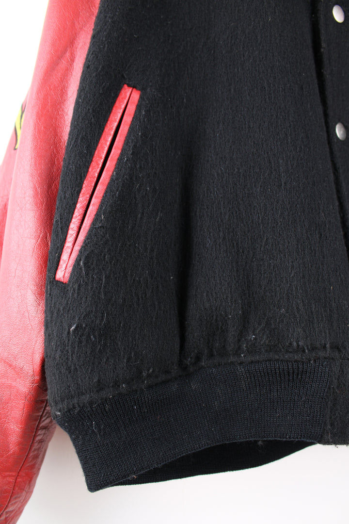 Vintage HARO BMX Bikes, black wool embroidered varsity jacket with red leather sleeves, features spell-out embroidery on the sleeve, chest and back of jacket