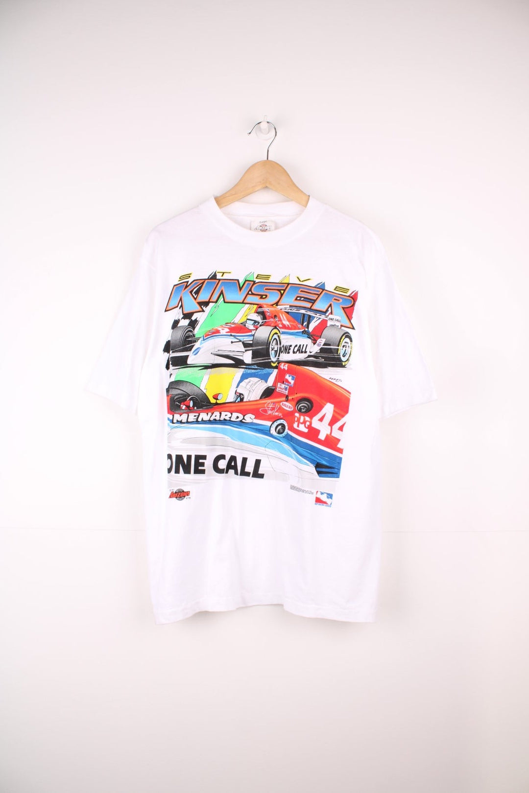 Vintage 90s Steve Kinser, One Call Communications Racing single stitch T-Shirt in white with large graphic print on the front and back.