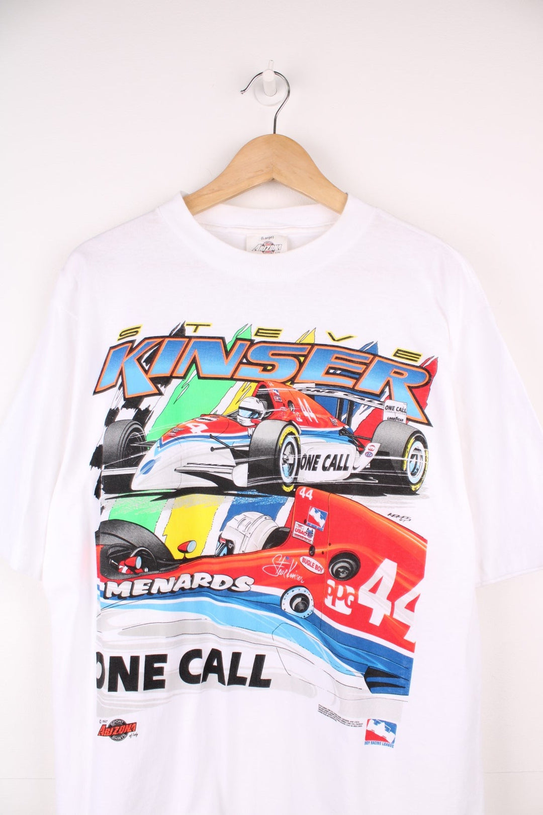 Vintage 90s Steve Kinser, One Call Communications Racing single stitch T-Shirt in white with large graphic print on the front and back.