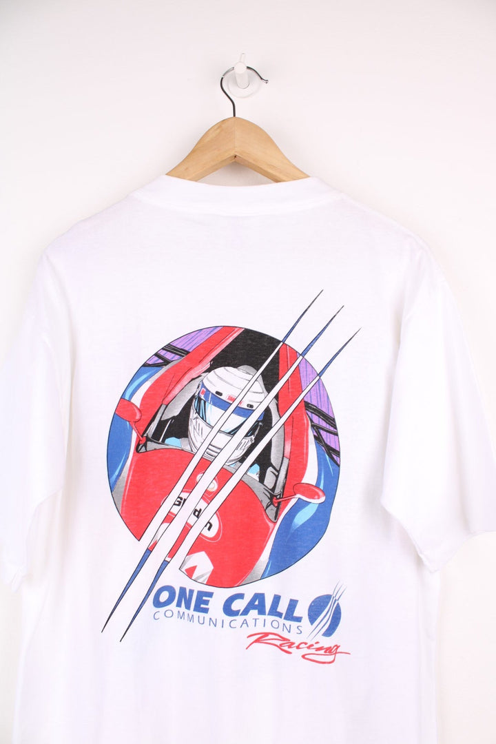 Vintage 90s Steve Kinser, One Call Communications Racing single stitch T-Shirt in white with large graphic print on the front and back.