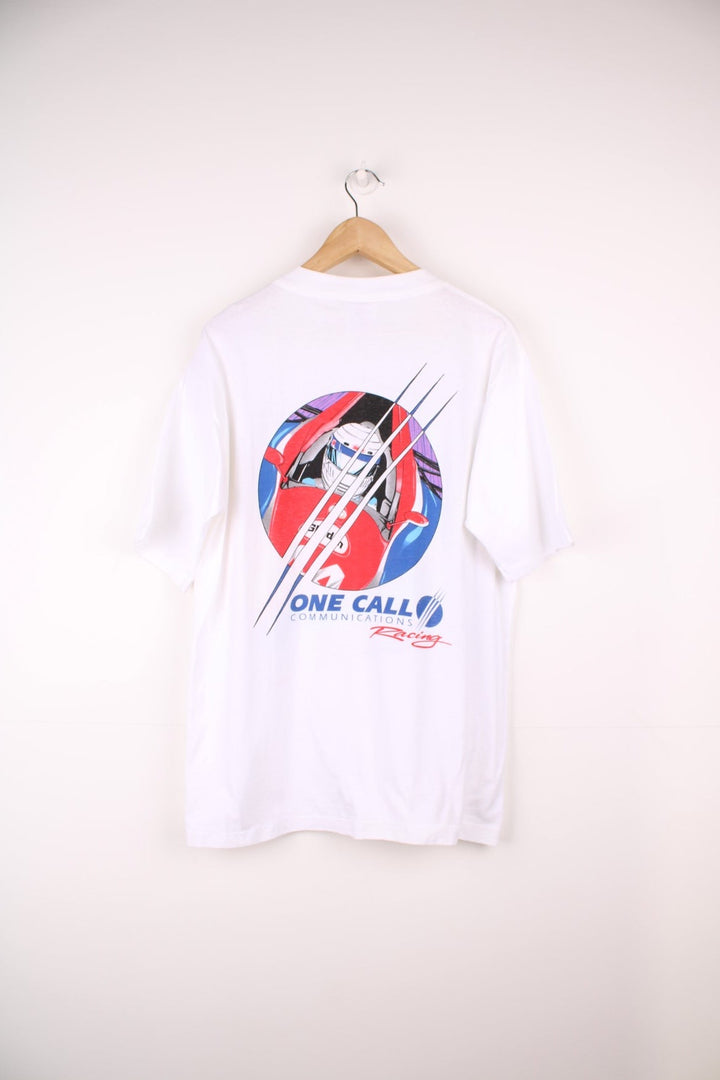 Vintage 90s Steve Kinser, One Call Communications Racing single stitch T-Shirt in white with large graphic print on the front and back.