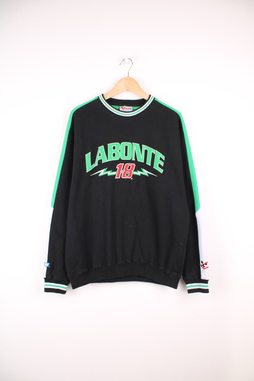 NASCAR, Chase Authentics, Labonte 18 crew neck sweatshirt in black, green and red.