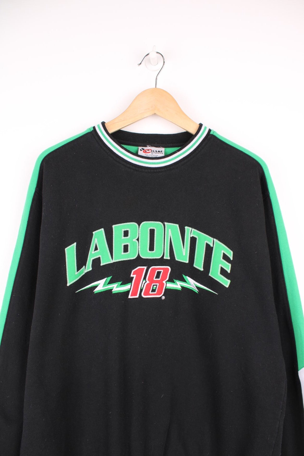 NASCAR, Chase Authentics, Labonte 18 crew neck sweatshirt in black, green and red.