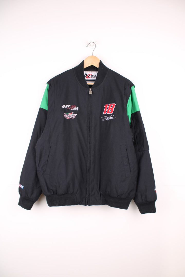 Vintage Bobby Labonte 18, zip through NASCAR jacket in black and green by Chase Authentics. 