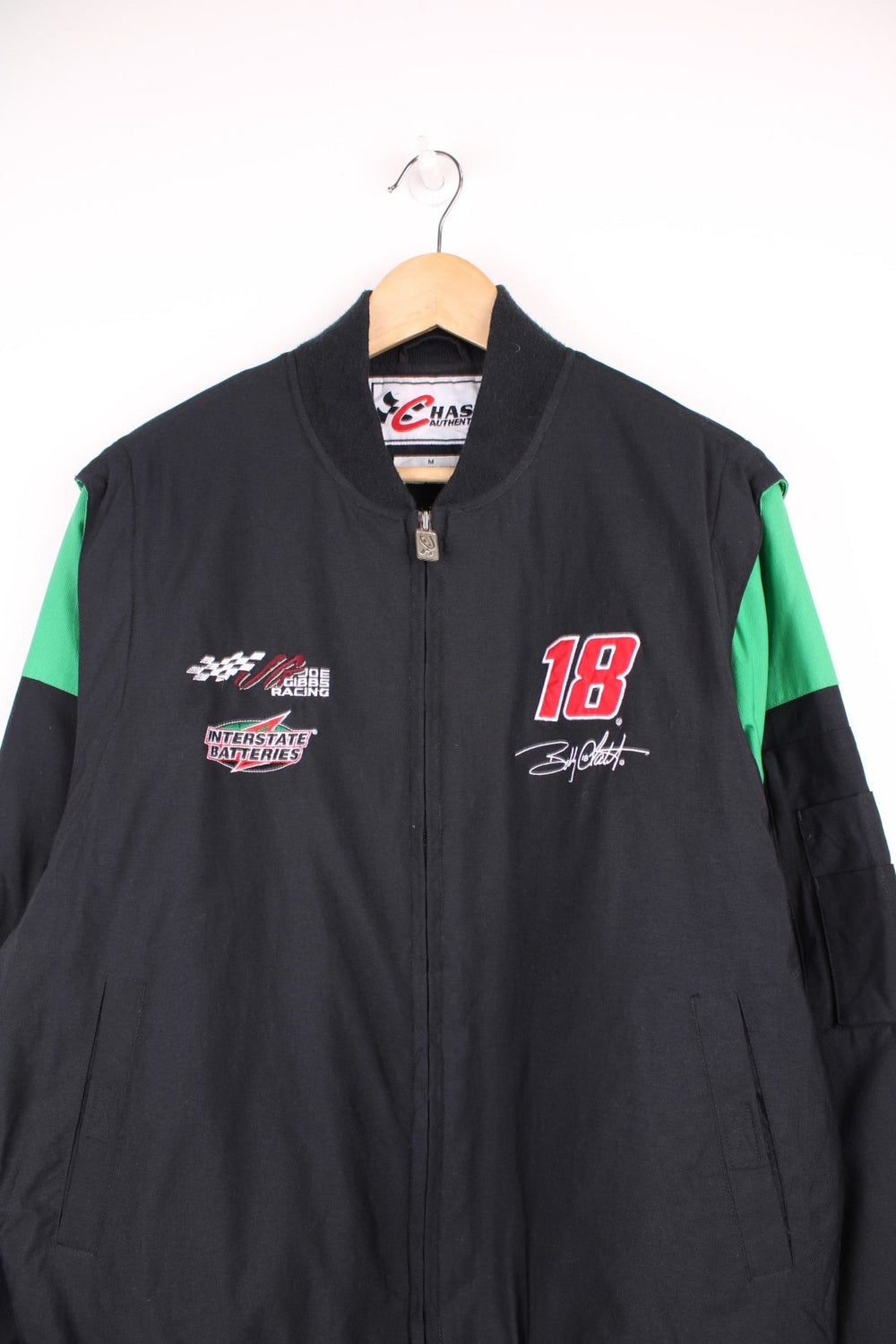 Vintage Bobby Labonte 18, zip through NASCAR jacket in black and green by Chase Authentics. 