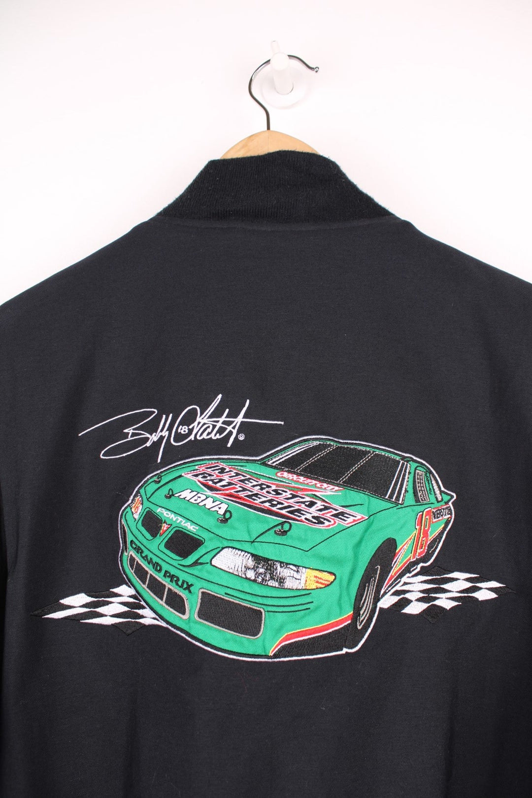 Vintage Bobby Labonte 18, zip through NASCAR jacket in black and green by Chase Authentics. 