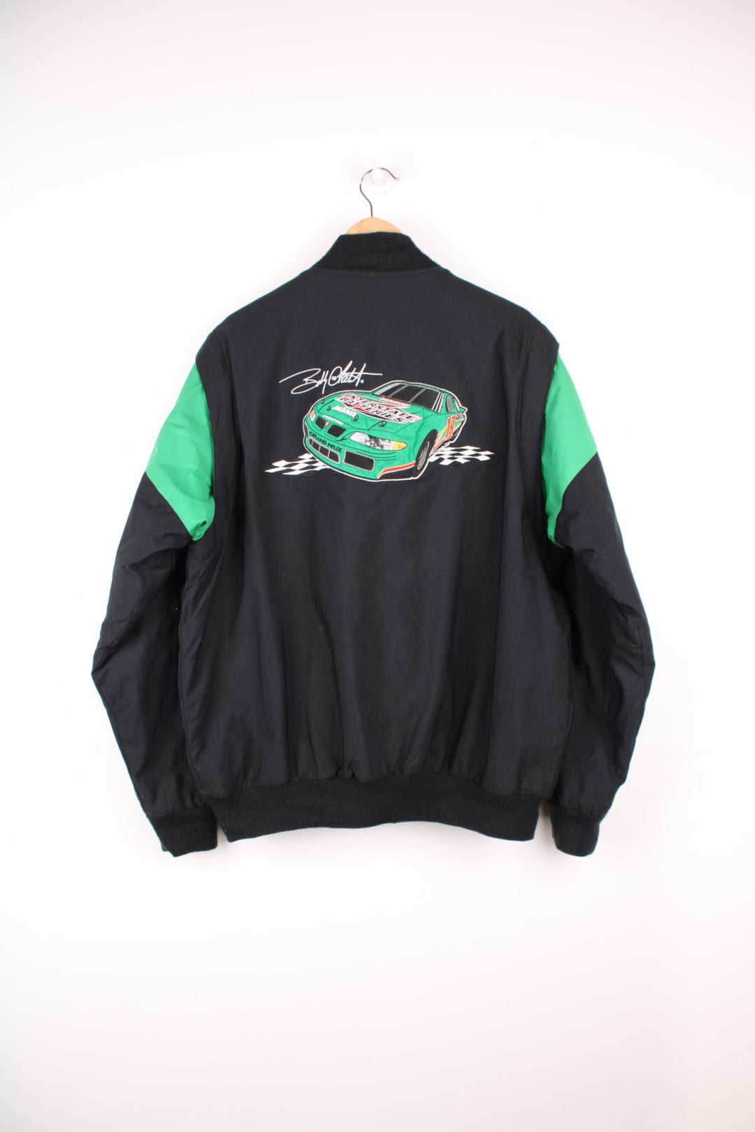 Vintage Bobby Labonte 18, zip through NASCAR jacket in black and green by Chase Authentics. 