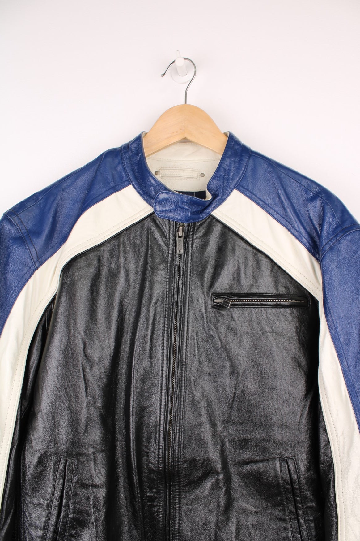 M.Julian Wilsons Leather zip through biker/racer jacket in black, white and blue.