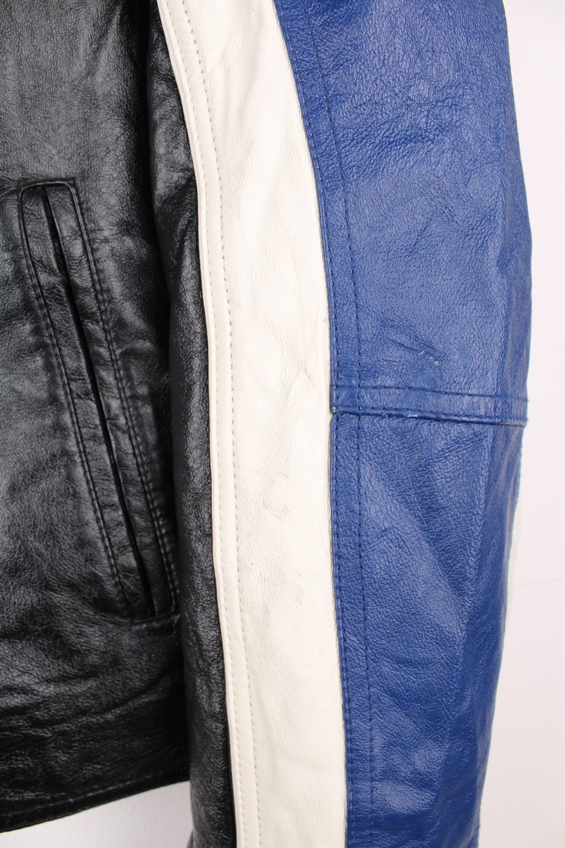 M.Julian Wilsons Leather zip through biker/racer jacket in black, white and blue.