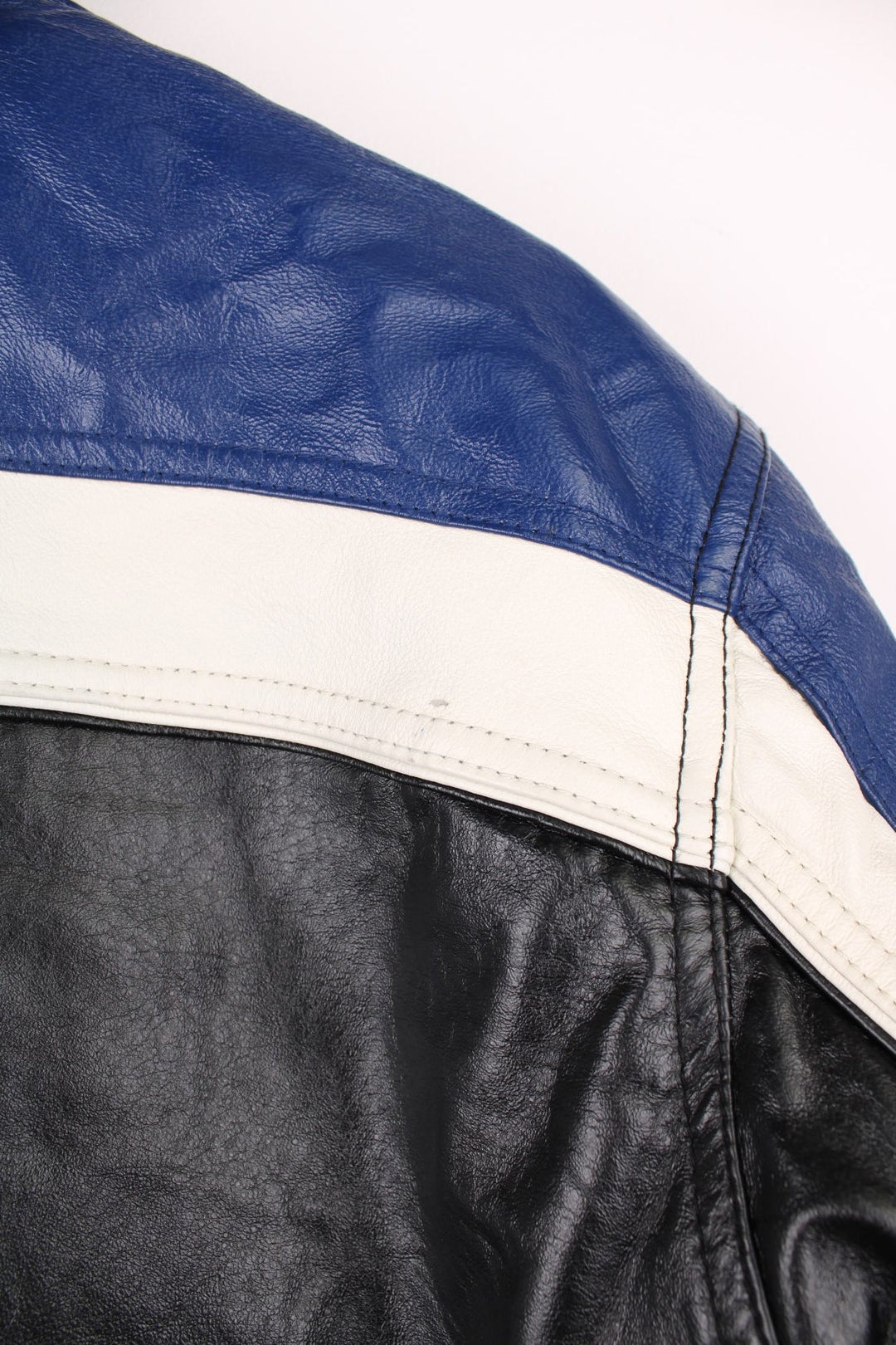 M.Julian Wilsons Leather zip through biker/racer jacket in black, white and blue.